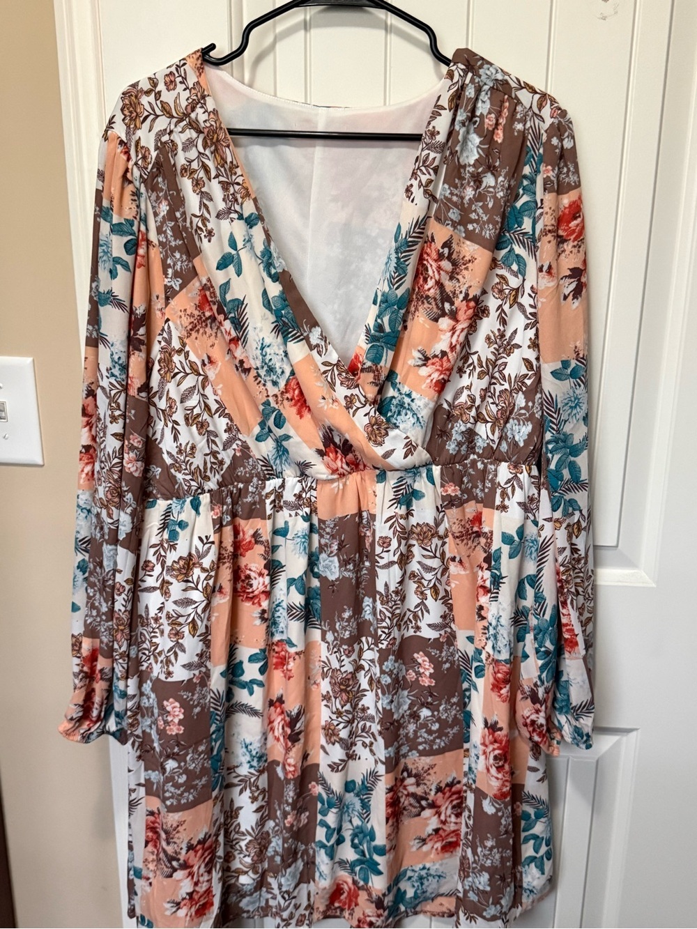 Floral V-Neck Patchwork Dress in Peach, Teal & Brown